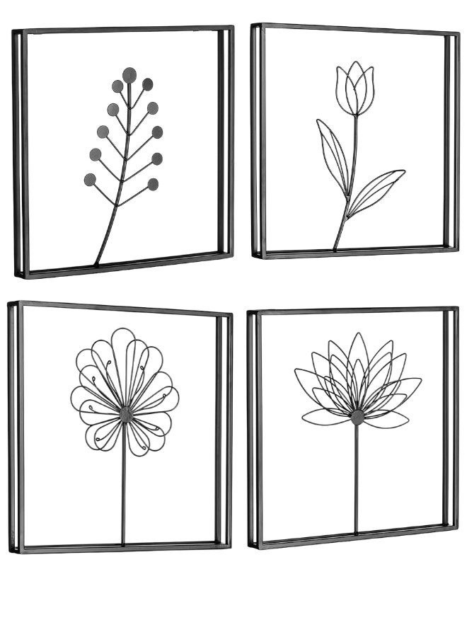 Handmade Modern Black Metal Wall Art Decor Set of 4 – Minimalist Abstract Floral Flower Line Design Iron Wall Sculptures – Contemporary Floral Metal Wall Hanging Art for Living Room Bedroom Bathroom Kitchen Office – Decorative Metal Wall Panels 30x30cm - Image 2